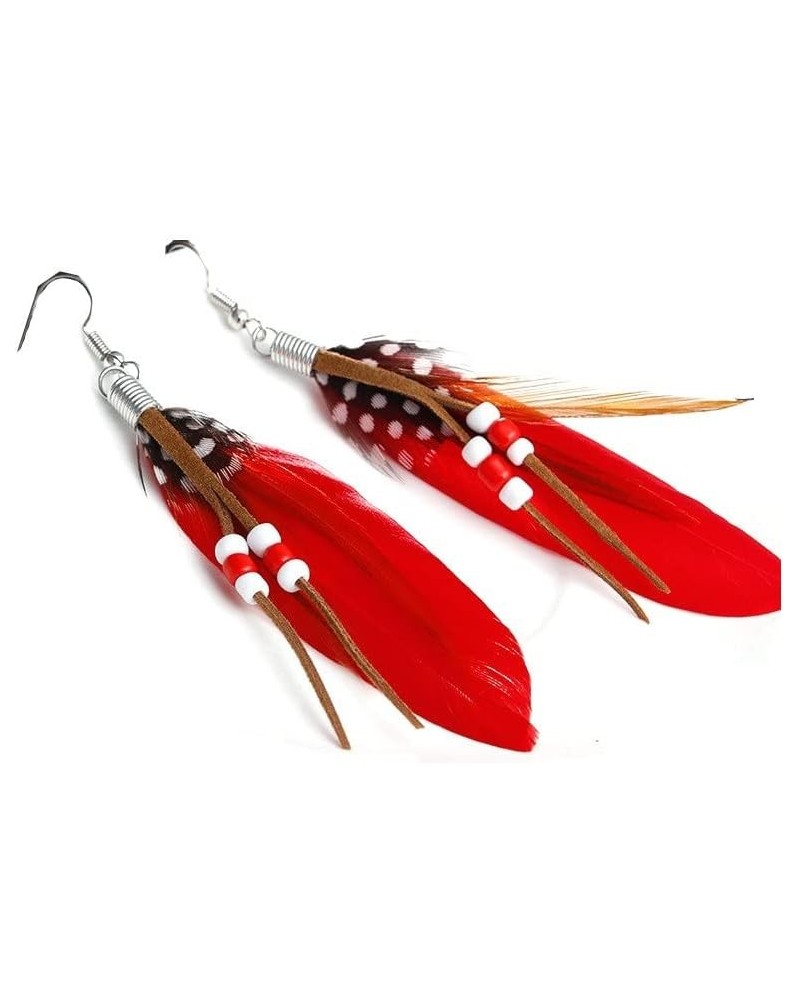 Boho Colorful Feather Dangle Earrings Handmade with Rope Beads Tassel Fashion Earrings for Women Girls Red $6.26 Earrings