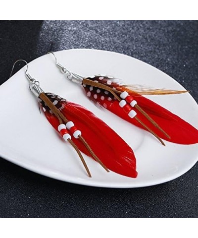 Boho Colorful Feather Dangle Earrings Handmade with Rope Beads Tassel Fashion Earrings for Women Girls Red $6.26 Earrings