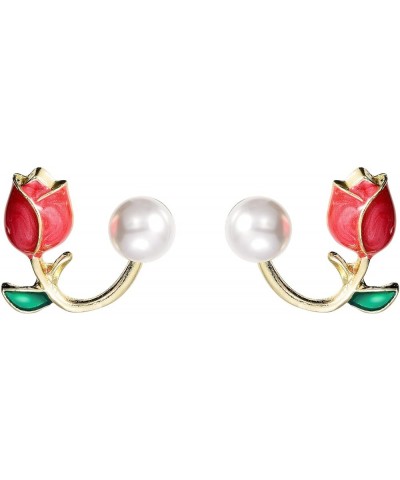 Tulip Pearl Stud Earrings Pearl Pink Flower Stud Earrings Hypoallergenic Lightweight Earrings Fashion Pearl Ear Hook Ear Cuff...