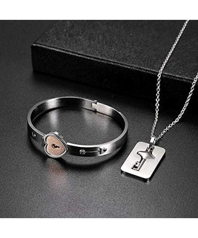 NIBASTAR His and Her Love Heart Key Lock Bangle Bracelet Key Necklace -Couple Matching Jewelry Set for Women Men Romantic Gif...