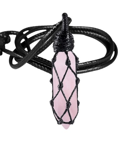 Hexagonal Crystal Points Pendant Necklace for Unisex Wrapped Stone Wand Pendant with Adjustable Cord Pink $10.39 Necklaces