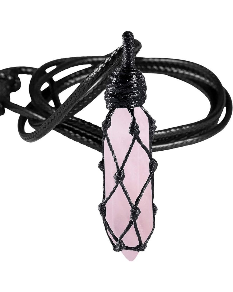 Hexagonal Crystal Points Pendant Necklace for Unisex Wrapped Stone Wand Pendant with Adjustable Cord Pink $10.39 Necklaces