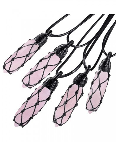 Hexagonal Crystal Points Pendant Necklace for Unisex Wrapped Stone Wand Pendant with Adjustable Cord Pink $10.39 Necklaces