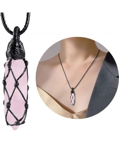 Hexagonal Crystal Points Pendant Necklace for Unisex Wrapped Stone Wand Pendant with Adjustable Cord Pink $10.39 Necklaces