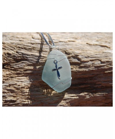 Custom Handmade Genuine Pale Aqua Sea Glass Necklace with a Silver Cross Charm on a Sterling Silver Box Chain - Made to Order...