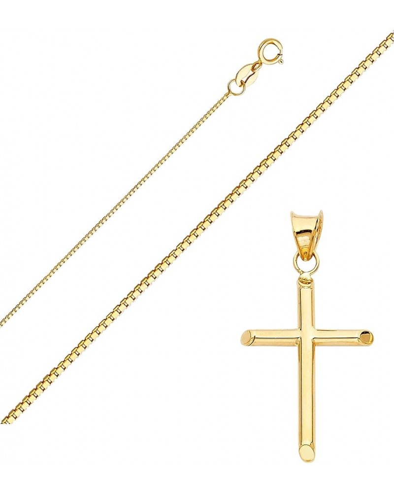 14K Yellow Gold Box Chain Cross Pendant Necklace - Real Yellow Gold Religious Charm Pendant Necklace - Ideal Gift for Men and...