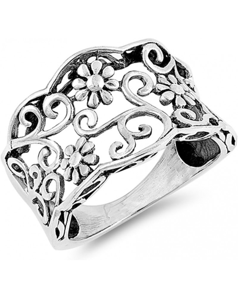 Oxidized Vintage Flower Filigree Garden Ring 925 Sterling Silver Band Sizes 5-10 $12.45 Rings