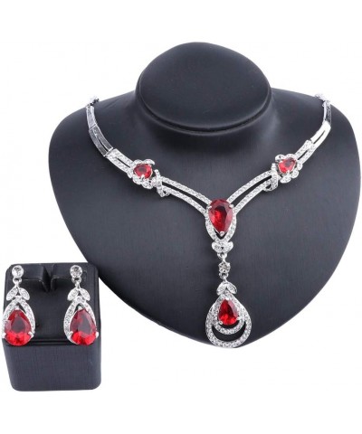 Women's CZ Crystal Zircon Teardrop Necklace Earrings Prom Bridal Wedding Accessories Jewelry Set And Boxes Silver Red $9.19 J...