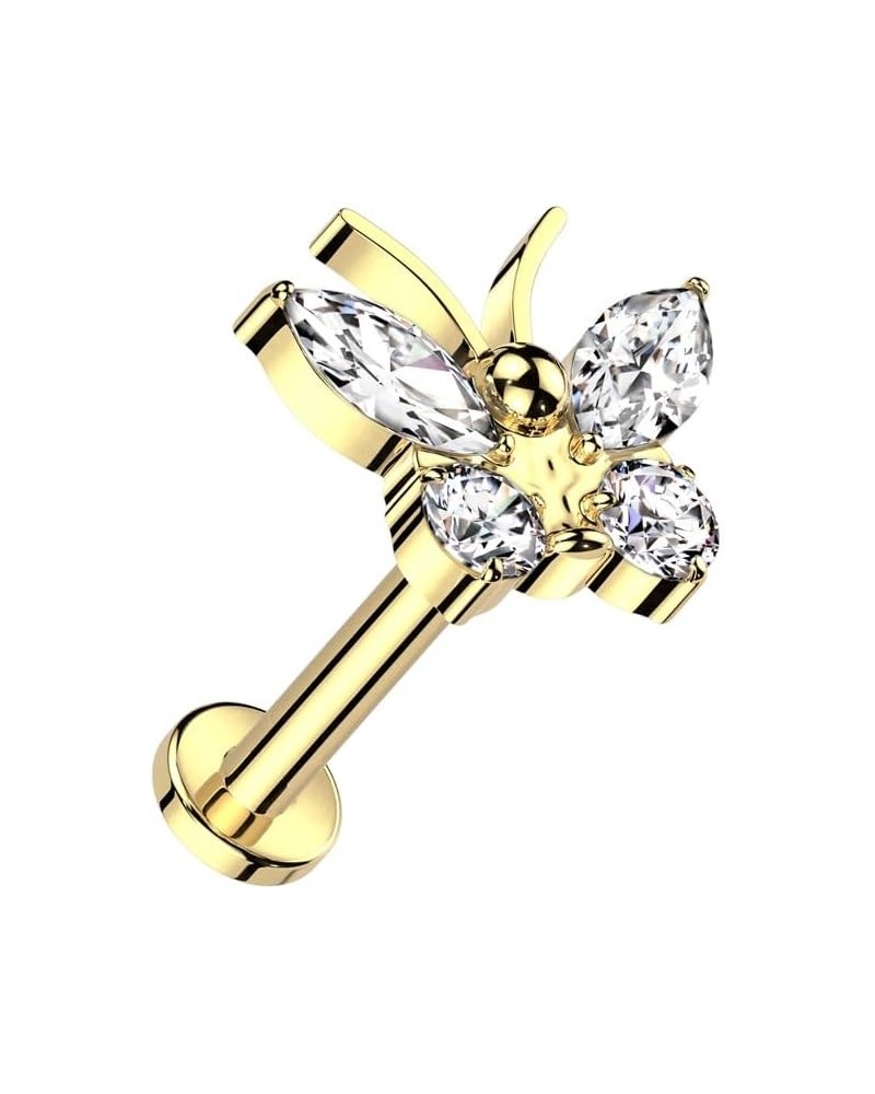 Dynamique Implant Grade Titanium Internally Threaded Labret With CZ Butterfly Top (Sold Per Piece) Gold/Clear $13.92 Body Jew...