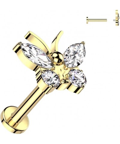 Dynamique Implant Grade Titanium Internally Threaded Labret With CZ Butterfly Top (Sold Per Piece) Gold/Clear $13.92 Body Jew...