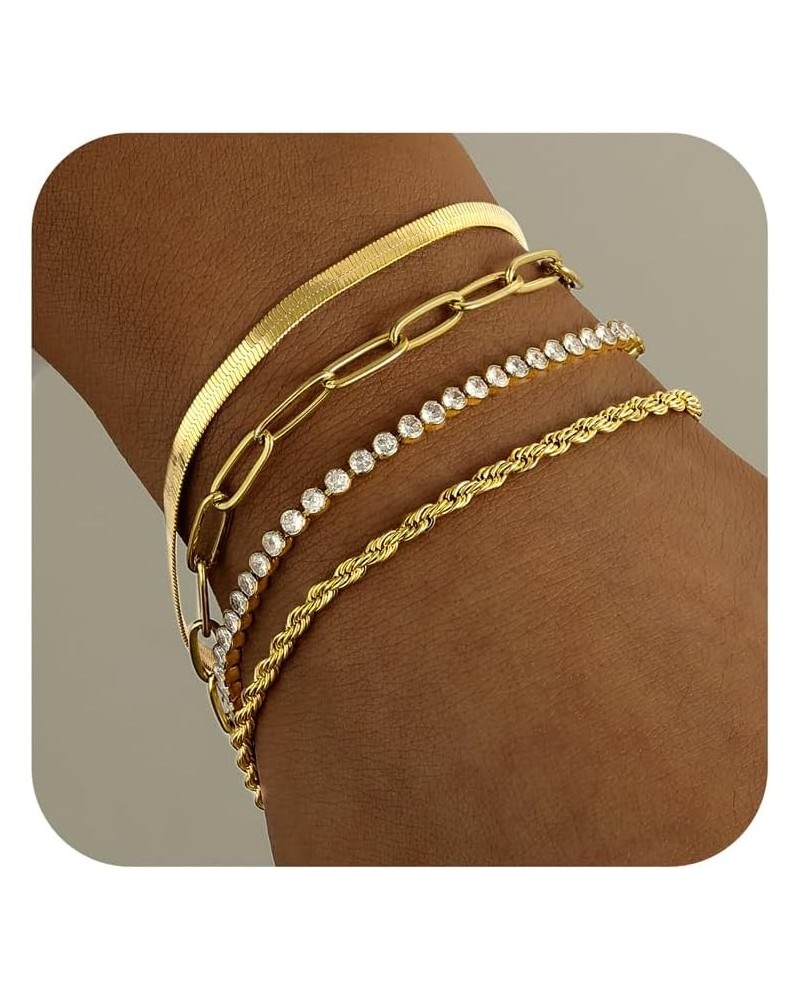 Gold Link Bracelets Sets for Women Girls, 14K Gold Plated Dainty Classic Adjustable Paperclip Layered Bracelets, Fashion Simp...