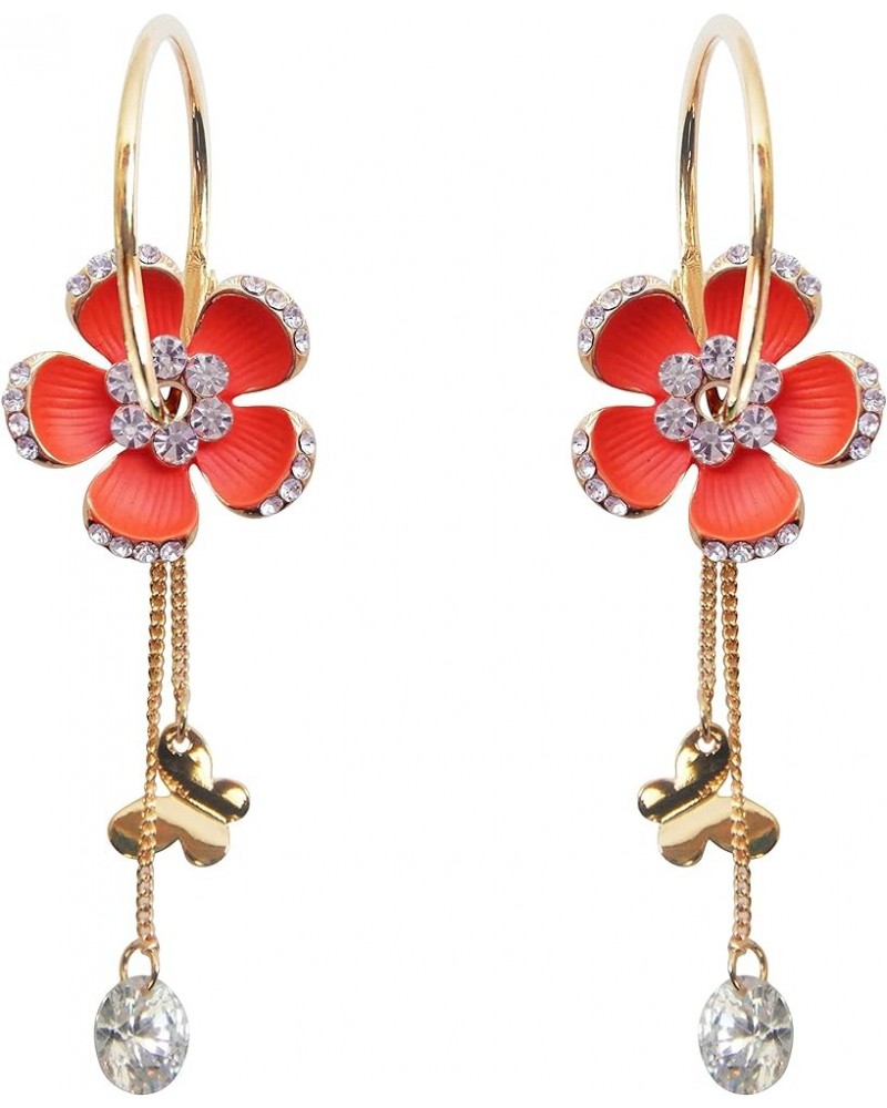 18k Gold Plated Enamel Flower Crystal Chain Clear Zircon Hoop Earrings(dia. 2.5cm) Orange $10.19 Earrings