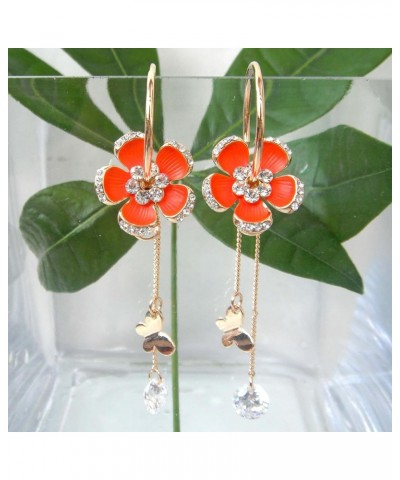 18k Gold Plated Enamel Flower Crystal Chain Clear Zircon Hoop Earrings(dia. 2.5cm) Orange $10.19 Earrings