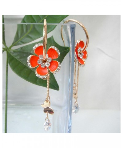 18k Gold Plated Enamel Flower Crystal Chain Clear Zircon Hoop Earrings(dia. 2.5cm) Orange $10.19 Earrings