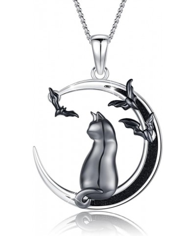 Cat Gifts for Cat Lovers Black Cat Crescent Moon Necklace 925 Sterling Silver Cat on the Moon with Mushroom/Bat Necklace Birt...