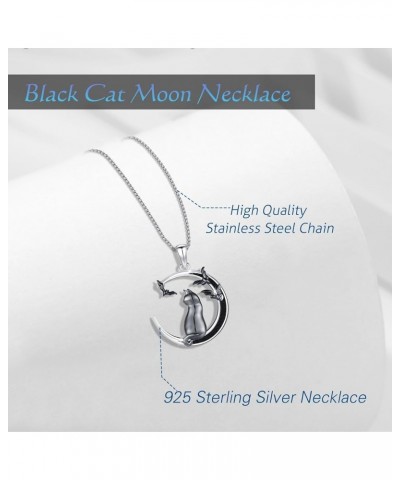 Cat Gifts for Cat Lovers Black Cat Crescent Moon Necklace 925 Sterling Silver Cat on the Moon with Mushroom/Bat Necklace Birt...