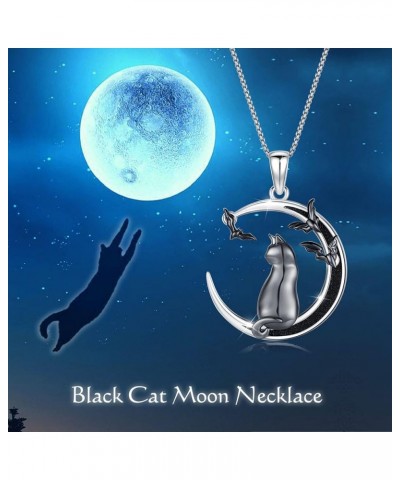 Cat Gifts for Cat Lovers Black Cat Crescent Moon Necklace 925 Sterling Silver Cat on the Moon with Mushroom/Bat Necklace Birt...