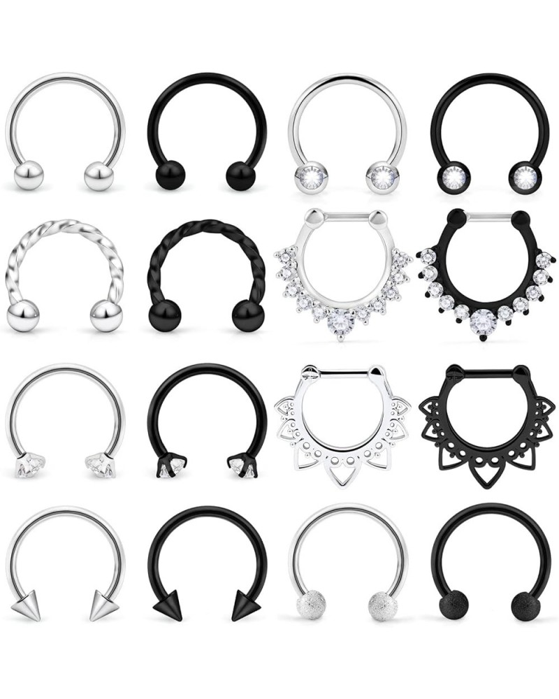 16PCS 16G Septum Rings Stainless Steel Nose Septum Piercing Jewelry Nose Hoop Ring Smiley Horseshoe Barbell Helix Daith Earri...