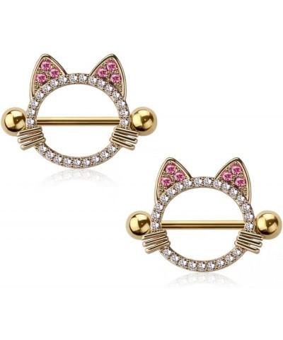 14GA 316L Stainless Steel CZ Crystal Cat Outline Nipple Shields, Sold as a Pair Gold Tone/Pink $10.16 Body Jewelry