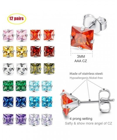 Stainless Steel Shiny Cubic Zirconia Earring Studs A-12 Pairs 3MM $10.19 Earrings