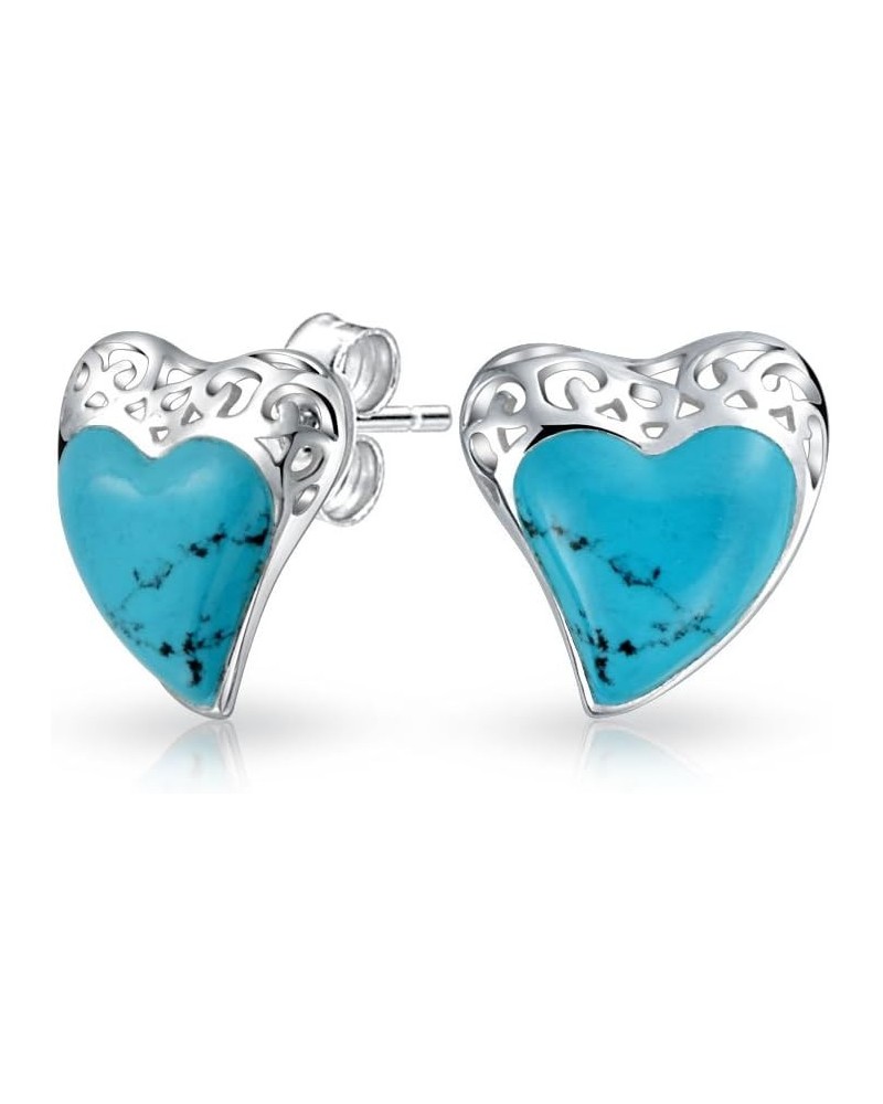 Bali Style Filigree Stabilized Turquoise Heart Shaped Stud Earrings For Women For Girlfriend .925 Sterling Silver $25.91 Earr...