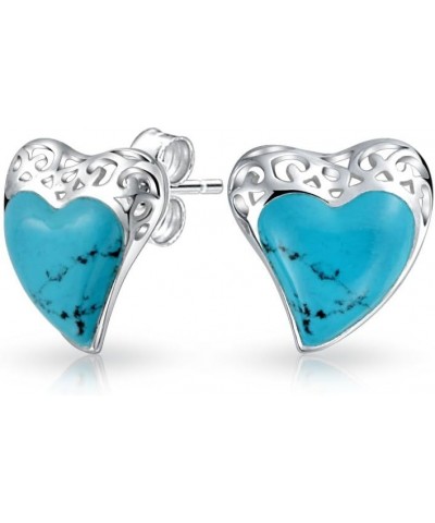 Bali Style Filigree Stabilized Turquoise Heart Shaped Stud Earrings For Women For Girlfriend .925 Sterling Silver $25.91 Earr...