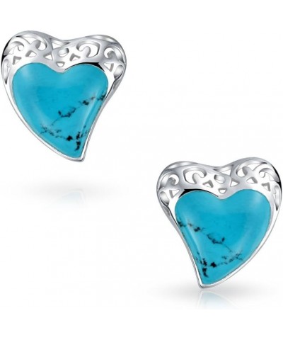 Bali Style Filigree Stabilized Turquoise Heart Shaped Stud Earrings For Women For Girlfriend .925 Sterling Silver $25.91 Earr...