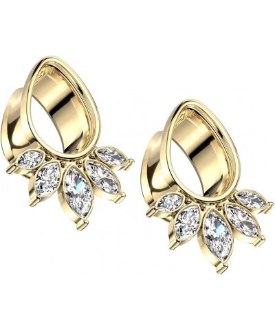 Gold Plated 316L Stainless Steel 5 Marquise CZ Crystal Fan Tear Drop Shaped Double Flared Tunnel Plugs, Sold as a Pair 10mm (...