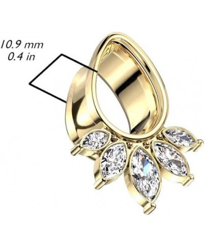 Gold Plated 316L Stainless Steel 5 Marquise CZ Crystal Fan Tear Drop Shaped Double Flared Tunnel Plugs, Sold as a Pair 10mm (...