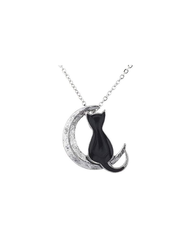 Cat on the Crescent Moon Pendant Chain Necklace Burnished Silver $7.48 Necklaces