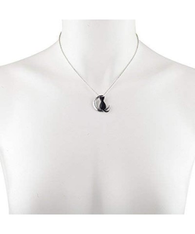 Cat on the Crescent Moon Pendant Chain Necklace Burnished Silver $7.48 Necklaces