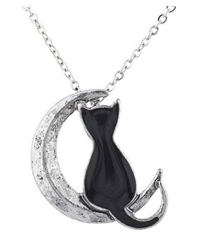 Cat on the Crescent Moon Pendant Chain Necklace Burnished Silver $7.48 Necklaces