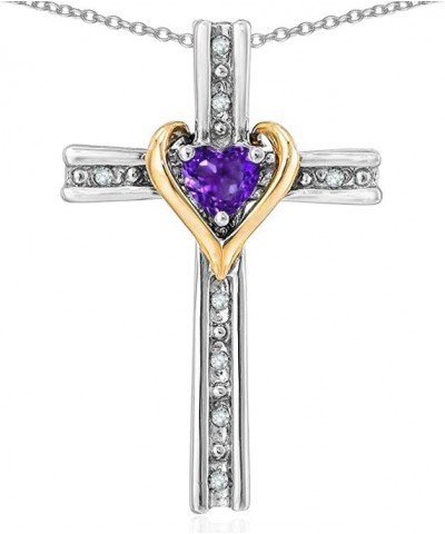 10k Yellow Gold Two Tone Love Cross with Heart Stone Pendant Necklace Amethyst white-and-yellow-gold $145.59 Necklaces