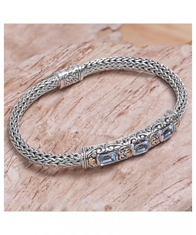 Artisan Handmade Gold Accent Blue Topaz Braided Bracelet Vermeil from Bali .925 Sterling Silver Plated Chain Indonesia Gemsto...