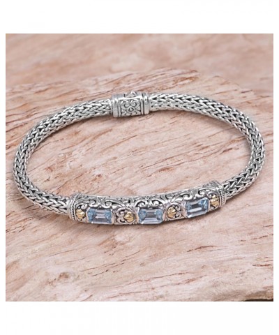 Artisan Handmade Gold Accent Blue Topaz Braided Bracelet Vermeil from Bali .925 Sterling Silver Plated Chain Indonesia Gemsto...