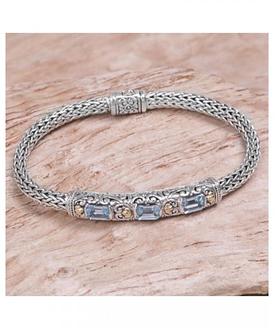 Artisan Handmade Gold Accent Blue Topaz Braided Bracelet Vermeil from Bali .925 Sterling Silver Plated Chain Indonesia Gemsto...