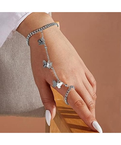 Ring Bracelet Hand Harness Chain for Women Butterfly Star Moon Pendant Pearl Chain Bracelet With Rings Boho Chain Tassel Crys...