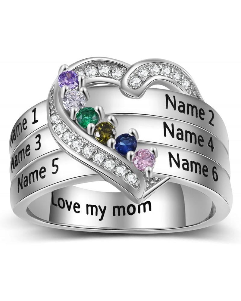 Personalized Heart Mothers Rings Sterling Silver Promise Ring for Her with 1-8 Birthstones Rings Custom Name Rings Gifts for ...