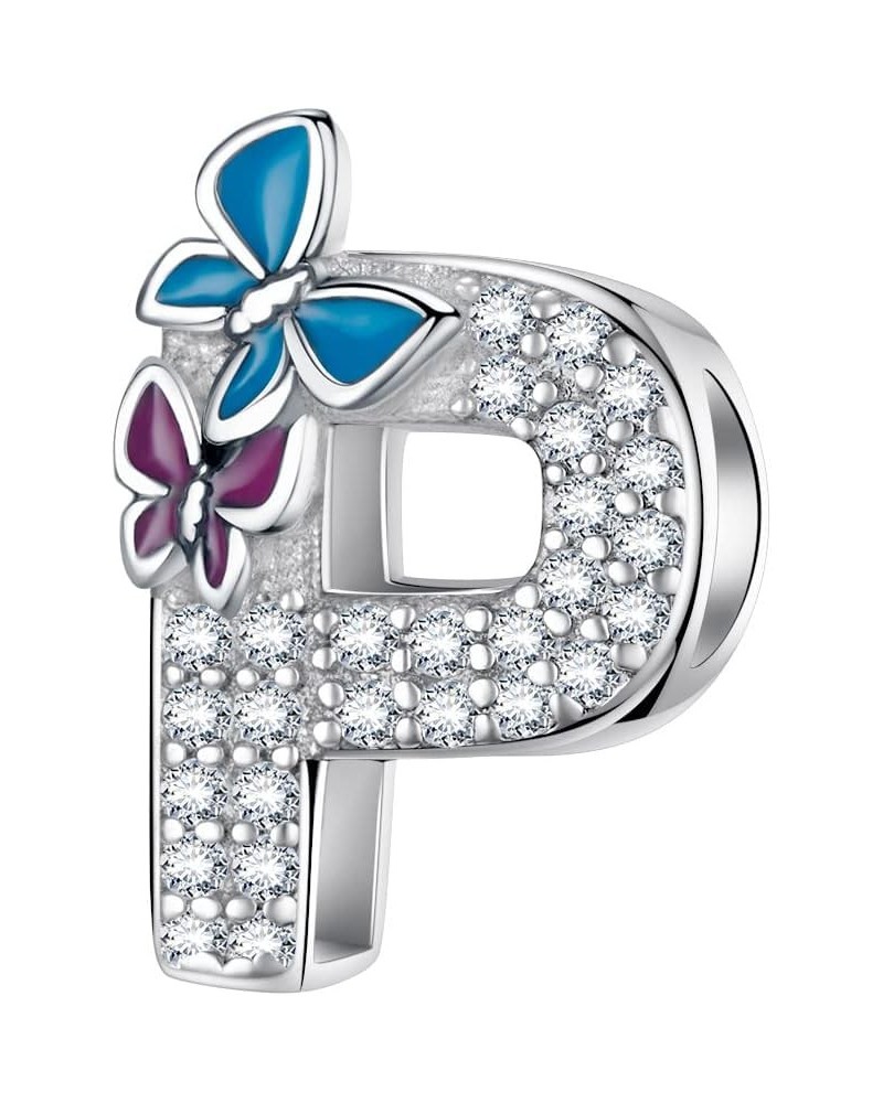 S925 Sterling Silver A~Z Letters Charms with 5A Cubic Zircon Stones, Butterfly Alphabet Beads fit Pandora European Bracelets ...