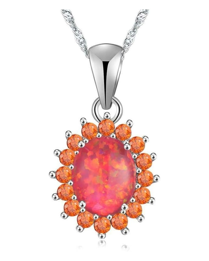 14K White Gold Plated Opal Pendant Necklace-Flower/Oval Shap Necklace Gemstone Women Girls Jewelry Gift flower-orange $10.12 ...